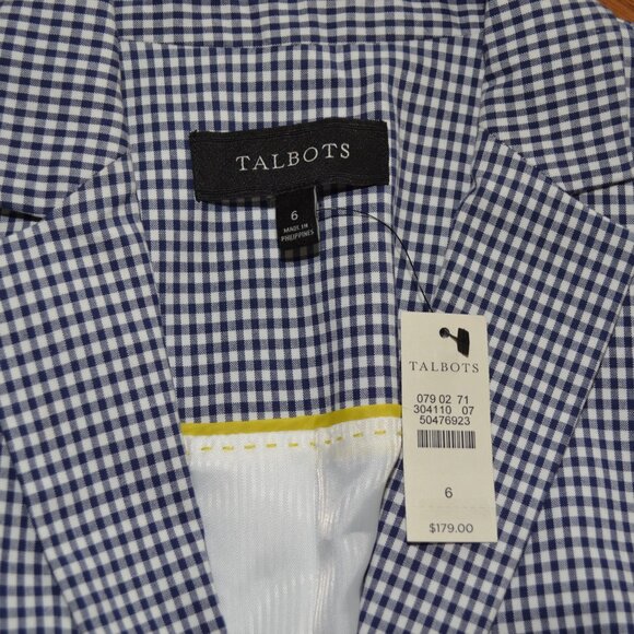 Talbot's NEW Blue white Gingham Houndstooth Career Preppy Lined cotton blazer, 6 - Picture 9 of 11